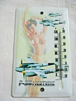 P - 38 Lightning Wwii Fighter Aircraft Thermometer Porcelain Pin Up Girl Sign Ad
