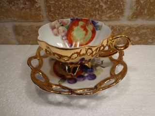 Vintage Tmj China Footed Tea Cup & Saucer Fruit Design Gold Scalloped Edge Japan
