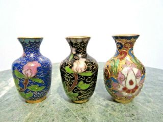 3 Vintage Chinese Cloisonne Mini Vases Floral Design 2 " Tall