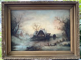 Antique 19th Century Dutch Oil Painting Boats People Etc 13x18.  5”