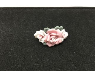 Vtg Handmade Porcelain Pink & White Rose Flower Brooch