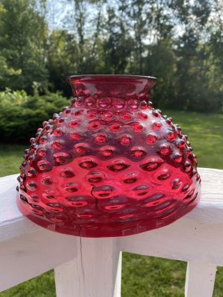 Antique Victorian Oil Lamp Hobnail Cranberry Glass Shade Hanging Library Parlor