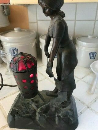 Antique Spelter Metal Woman By Coal Fire Statue Lamp