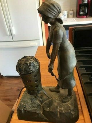 Antique Spelter Metal Woman by Coal Fire Statue Lamp 2