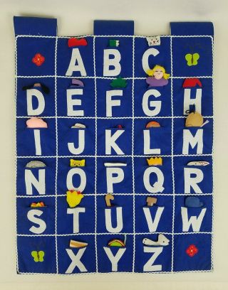 Vtg Alphabet Tapestry Wall Hanging Art W/items In Pockets / Educational / 1990