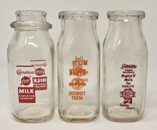 3 Vintage Glass Milk Bottles 1/2 Pint Carnation,  Earle North & Sanitary Dairy