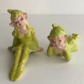 2 Vintage Gilner Girl Pixie Elf Lime Green Ceramic Christmas Figurine