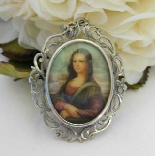 Antique Victorian Cameo Portrait Sterling Silver Hand Painted Pendant Brooch