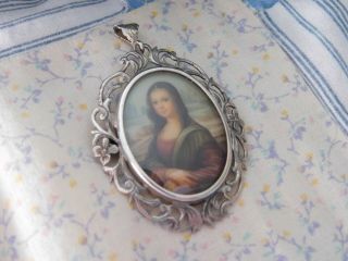 Antique Victorian Cameo Portrait Sterling Silver Hand Painted Pendant Brooch 2