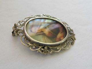Antique Victorian Cameo Portrait Sterling Silver Hand Painted Pendant Brooch 3