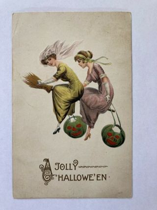 Witches Riding Brooms,  Jols,  On Vintage Gottschalk A Jolly Halloween Postcard