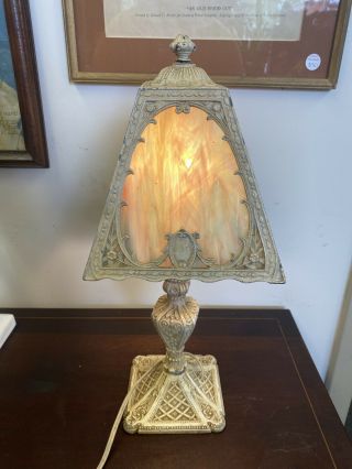 Sm Antique Pastel Slag Glass Art Deco Cast Metal Boudoir Table Lamp