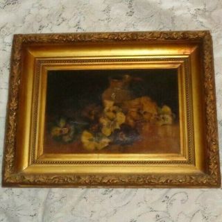 Antique 19thc Victorian Floral Pansy Still Life Oil Painting Orig Wood Frame