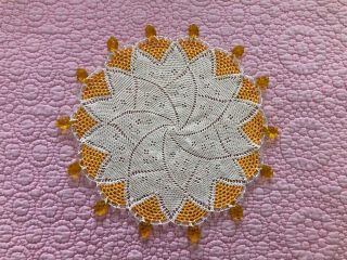 Vintage Handmade Crochet Beaded Doily - Off White With Clear And Yellow Beads 8 "