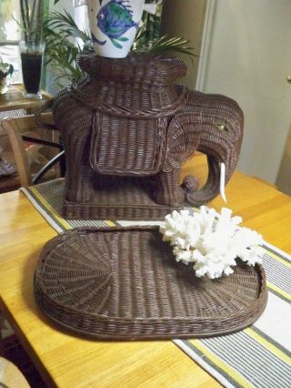 Vintage Brown Wicker Elephant Accent Table Plant Stand w Removable Tray 3