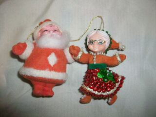 2 Vintage Santa & Mrs Claus Plastic Ornament Flocked Sequins Glasses Christmas