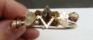 Antique Victorian Gold Filled Hinged Bangle Bracelet With Garnets & Seed Pearls