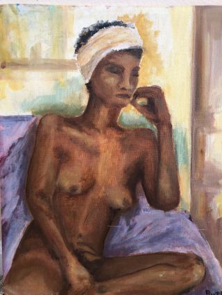 Mid - Century Reclining Nude Black Woman Oil Painting,  Vintage