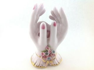 Vintage Lefton Two Hands Vase With Flowers And Pink Nails Gold Trim