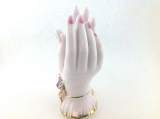 Vintage Lefton Two Hands Vase with Flowers and Pink Nails Gold Trim 2