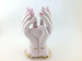 Vintage Lefton Two Hands Vase with Flowers and Pink Nails Gold Trim 3