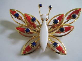 Alice Caviness Vintage Butterfly Brooch Pin Red White Blue Gold Fashion Jewelry