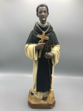 Antique Black Saint St.  Martin De Porres Chalkware Statue Peru Lima Broom 17 "