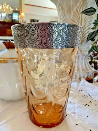 Antique Art Nouveau Art Glass Vase Or Ice Bucket Sterling Silver Applied Band