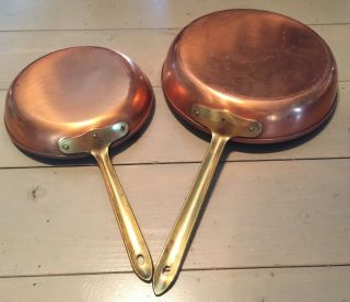 Vintage Tagus Copper Pans Skillets Tin Lined 8 " & 10” Brass Handles Portugal
