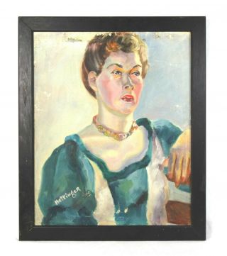 Vintage Mid Century Modern Art Oil Painting Portrait Of Woman Signed