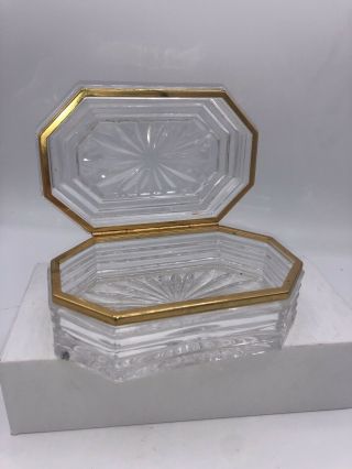 Vintage Heavy Crystal Glass Gold Trim Hinged Trinket/ Dresser Box 6”