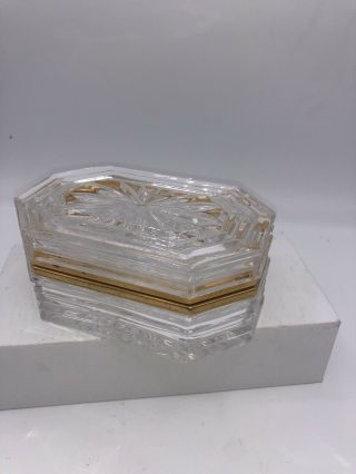 Vintage Heavy Crystal Glass Gold Trim Hinged Trinket/ Dresser Box 6” 2