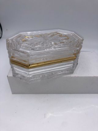 Vintage Heavy Crystal Glass Gold Trim Hinged Trinket/ Dresser Box 6” 3