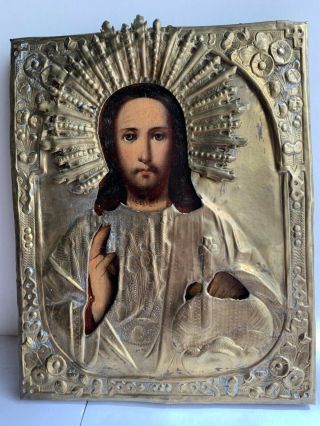 Antique 19th C Russian Orthodox Hand Painted Icon Of Jesus In Oklad