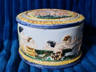 Vtg Signed Made In Italy Oval Porcelain Candy Biscuit Jar Hand Painted W/ Lid