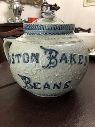 Antique 19thc Blue & White Stoneware Boston Baked Beans Advertising Cv 
