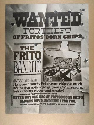 1968 Fritos Corn Chips Frito Bandito Wanted Poster Art Vintage Print Ad
