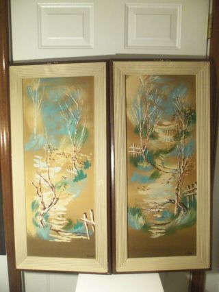 Vintage Mcm Carlo Of Hollywood Framed Painting Pair W/ Trees,  Man & Fence