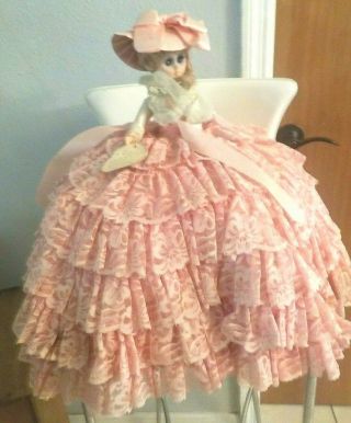 Vtg Ruffles Decorative Bed Pillow Plastic Doll Dress Hat Blonde Blue Eyes 20 "