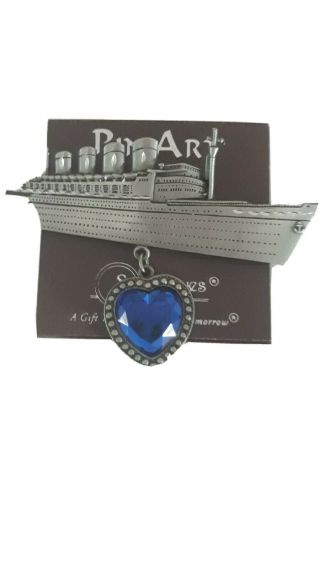 Rare Vintage Pewter Titanic Lapel Pin With Dangling Blue Heart