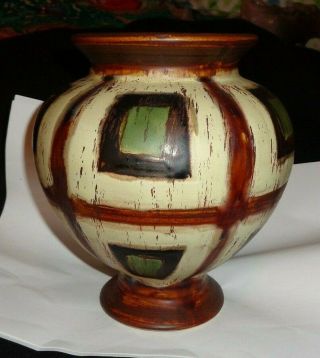 Vintage Lg Studio Pottery Round Vase Mcm Design Beige Green Brown Square Matt