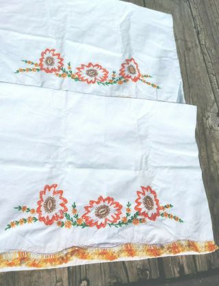 Vintage Pair Pillowcases Crocheted Embroidered Orange Flowers