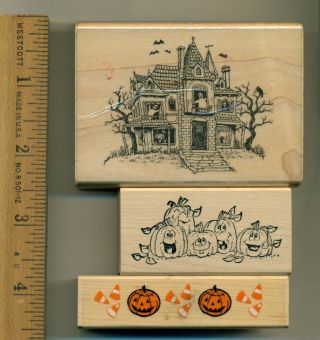 Vintage Hero Arts Haunted House Pumpkins Ghosts Halloween Bats Rubber Stamps Lot