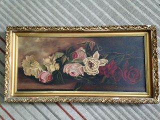 Antique 19th C Still Life Oil On Canvas Painting " Roses " Period Frame Unsigned