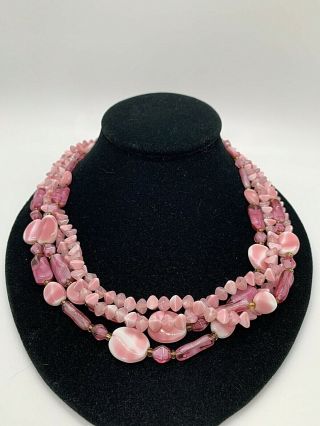 West Germany Vintage 4 Strand Art Glass Bead Necklace - Retro Fun Pink