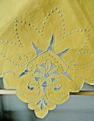 Vintage 34 " X 34 " Gold Linen Gray Embroidery Tablecloth Cut Outs
