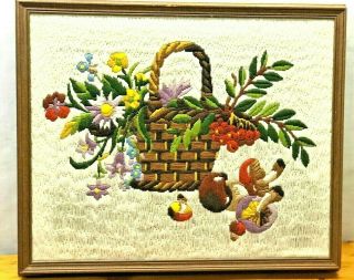 Vtg Hand Embroidered Wood Framed Art Picture Crewel Work Flower Mushroom Basket
