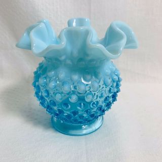 Vintage Fenton Blue Opalescent Hobnail Glass Ruffled Vase Rose Bowl