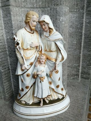 Antique France Porcelain Chalkware Holy Family Joseph Jesus Mary Statue Figure