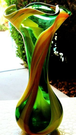 Vintage Venetian Glass Vase Hand Blown Green Yellow Caramel Mcm 60s Japan Swirl